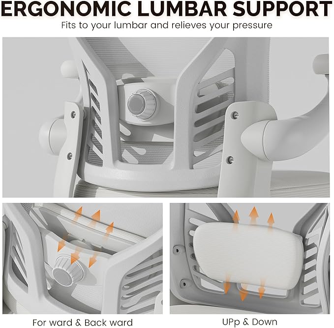 Computer Desk Chair with Wheels, Mesh Office Chair with Flip Up Arms, Adjustable Lumbar Support, Swivel Desk Chair Comfy, White