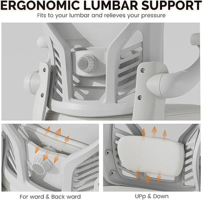 Computer Desk Chair with Wheels, Mesh Office Chair with Flip Up Arms, Adjustable Lumbar Support, Swivel Desk Chair Comfy, White