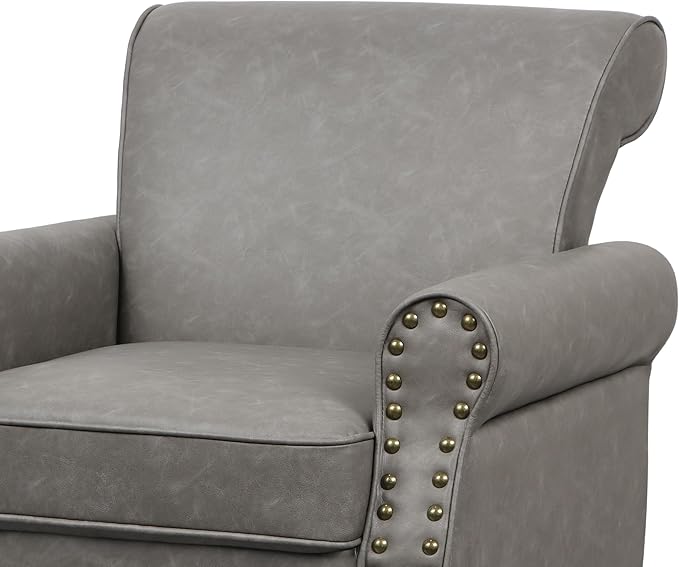Accent Chair, Mid Century Modern Faux Leather Arm Chair with Wood Leg for Living Room, Bedroom, Comfy PU Leather Club Reading Chairs with Wingback & Nailhead Trim (Leather Grey, Set of 1)