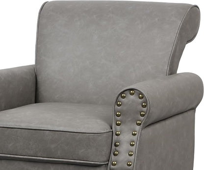 Accent Chair, Mid Century Modern Faux Leather Arm Chair with Wood Leg for Living Room, Bedroom, Comfy PU Leather Club Reading Chairs with Wingback & Nailhead Trim (Leather Grey, Set of 1)