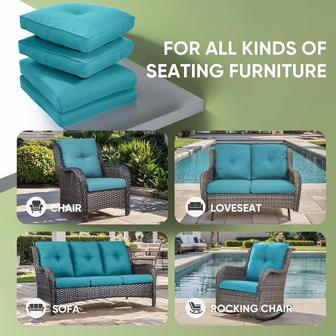 Outdoor Chair Cushion Set of 2, Waterproof Outdoor Seat Cushions 25x22 , Patio Chair Cushions for Outdoor Furniture, Couch Cushion Replacement, Include 2 Back & 2 Seat Cushions, Button/CyanBlue