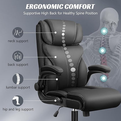 Office Chair, Ergonomic Big and Tall Computer Desk Chairs, Executive Breathable Leather Chair with Adjustable Flip-up Armrests, Lumbar Support Swivel PC Chair with Rocking Function