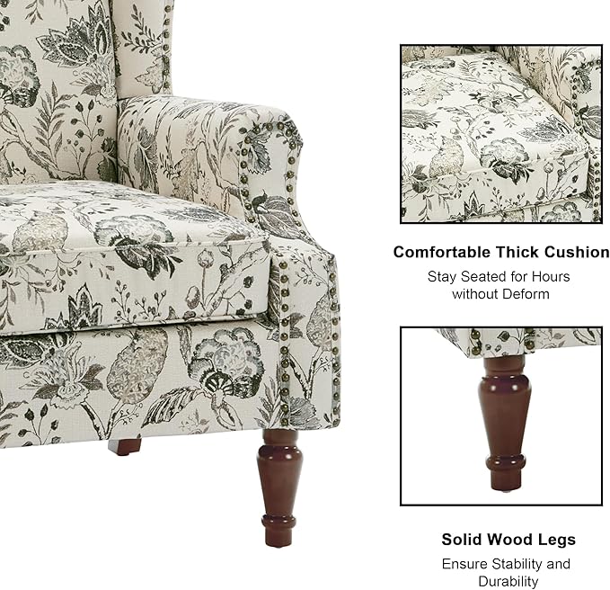 Accent Chair, Upholstered High Back Floral Armchair with Nailhead Trim & Wood Legs, Comfy Wingback Reading Single Sofa Chair for Small Spaces, Living Room, Bedroom ( Plants Beige Floral, Set of 1)