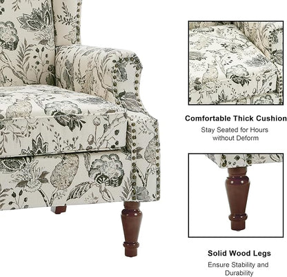 Accent Chair, Upholstered High Back Floral Armchair with Nailhead Trim & Wood Legs, Comfy Wingback Reading Single Sofa Chair for Small Spaces, Living Room, Bedroom ( Plants Beige Floral, Set of 1)