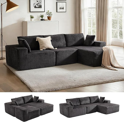 Apicizon 113" Sectional Sofa Couch for Living Room, 3 Seat Boneless Sofa with Chaise Longue, L-Shape Modular Sectional Couches with Deep Seat for Apartment，No Assembly Required (Stripe Corduroy Gray)