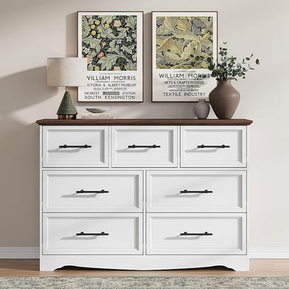 White Farmhouse Dresser for Bedroom, Modern 7 Chest of Drawers, 47" Wide Chest of Drawers w/Brushed Metal Handle, Wood Dresser TV Stand and Storage Cabinet for Bedroom, Living Room, Hallway