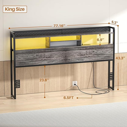 Unikito Headboard for King Size Bed with Storage Shelf, Head Board with 3 Outlets and 2 USB Ports, Headboards with RGB LED Light, Height Adjustable, Sturdy and Stable, Easy Assembly, Black Oak