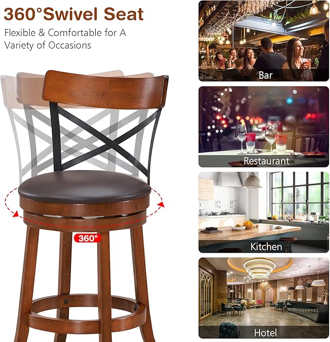 COSTWAY Bar Stool Set of 4, 360-Degree Swivel Solid Wood Stools with Soft Cushion & Backrest, 25”Height Kitchen Counter Bar Stools for Kitchen Island, Pub, and Restaurant (4, 25 inch)