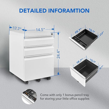 FLEXISPOT Mobile File Cabinet for Home Office Under Desk Storage with Lock Keys 3 Drawer File Cabinet for Legal/Letter/A4 File, White