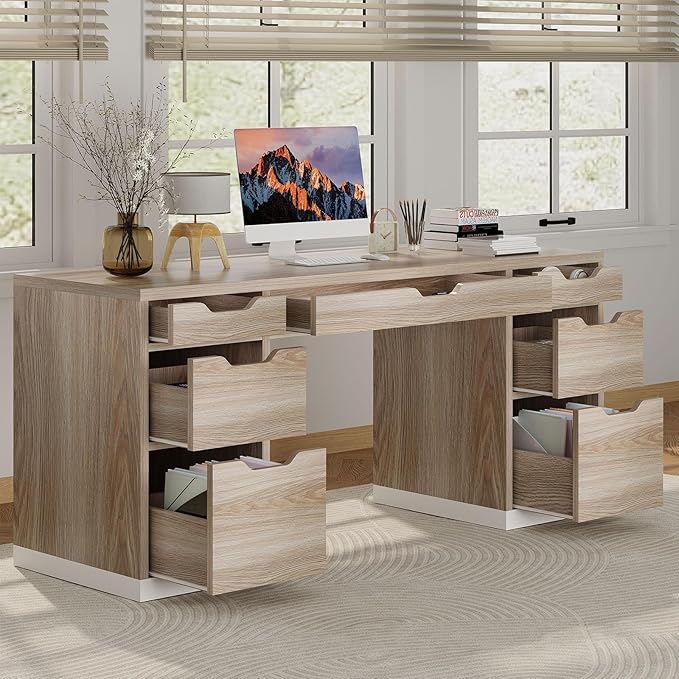 Computer Desk with Storage Drawers, 54 Inch Executive Desk with 7 Drawers for Bedroom, Office Desk with File Drawers for Work Study Writing, Small Spaces, White and Walnut