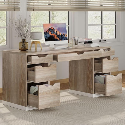 Computer Desk with Storage Drawers, 54 Inch Executive Desk with 7 Drawers for Bedroom, Office Desk with File Drawers for Work Study Writing, Small Spaces, White and Walnut