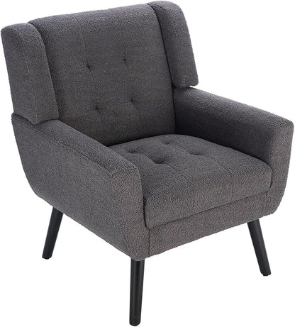 Dolonm Midcentury Modern Teddy Accent Chair with Arms, Upholstered Reading Side Chair Tufted Back Decorative Wingback Chair for Living Room Bedroom (Grey)