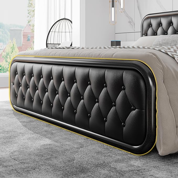 King Size Bed Frame, Upholstered Bed with Button Tufted Leather Headboard and Footboard, Metal U-Shape Support Foundation, No Box Spring Required, Black