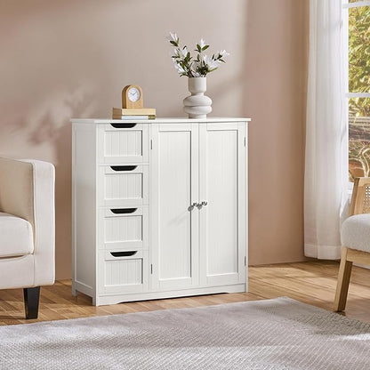 Yaheetech Wooden Bathroom Floor Cabinet, Side Storage Organizer Cabinet with 4 Drawers & Double Doors, Freestanding Entryway Storage Unit Console Table, Bathroom Furniture Home Decor, White