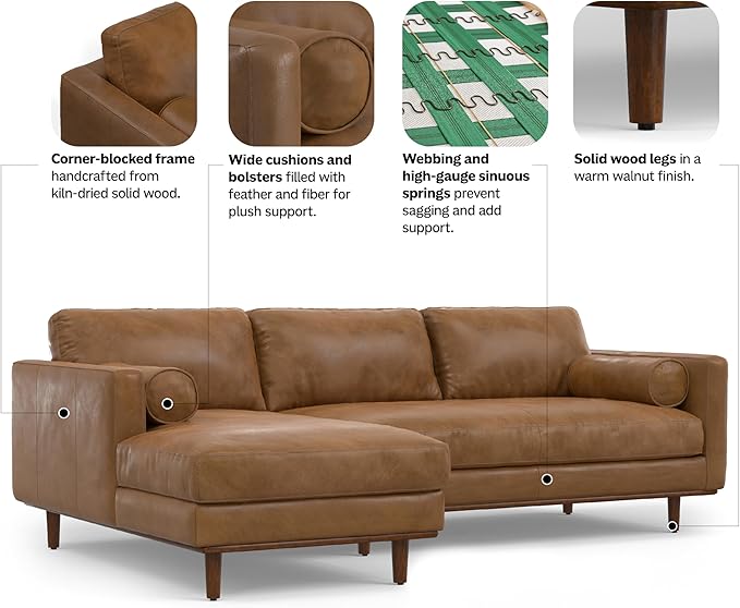 SIMPLIHOME Morrison Left Sectional Sofa in Full-Grain Genuine Leather, Caramel Brown, 102-inches Wide, L-Shaped Leather Couch with Left Chaise for The Living Room and Family Room