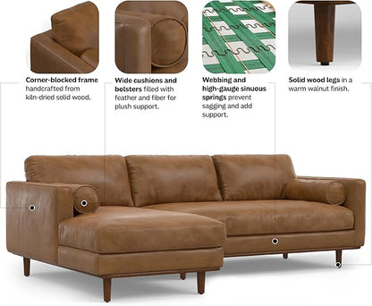 SIMPLIHOME Morrison Left Sectional Sofa in Full-Grain Genuine Leather, Caramel Brown, 102-inches Wide, L-Shaped Leather Couch with Left Chaise for The Living Room and Family Room