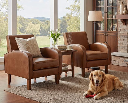 Brown Faux Leather Accent Chairs Set of 2, Mid Century Modern Upholstered Arm Chairs with Wooden Legs, Comfy Reception Office Club Reading Side Lounge Chair for Living Room Bedroom