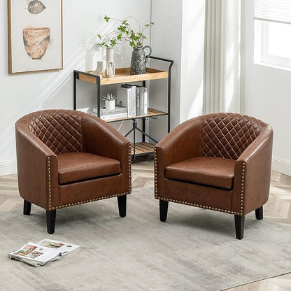 KINWELL 29" W Faux Leather Barrel Chairs Set of 2, Modern PU Upholstered Tufted Club Chairs with Nailhead Trim, Small Armchairs Accent Chairs for Living Room Bedroom Apartment Lounge Nursery, Brown