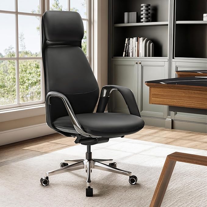 EUREKA ERGONOMIC Serene Executive Office Chair Genuine Leather Office Chair, Modern Executive Chair 135° Back Support Comfy Desk Chair with Arms & Aluminum Base for Home-Black
