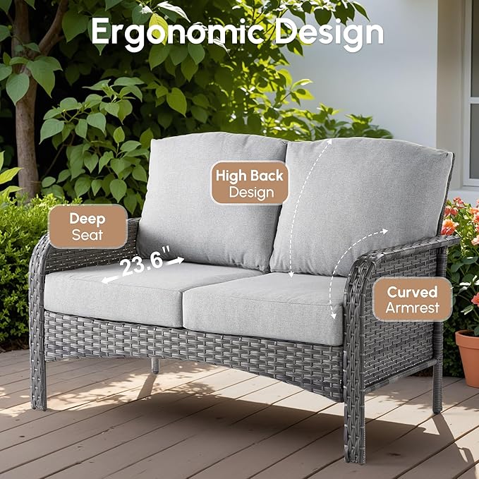 4 Pieces Wicker Patio Furniture - All-Weather PE Wicker Outdoor Conversation Bistro Set Loveseat Chairs with Table,Outdoor Rattan Sofa Chairs High Back Deep Seating,Light Grey