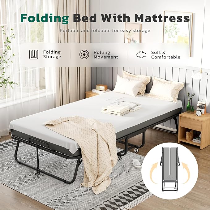 Greenvelly Folding Bed with Mattress,75" x 31" Foldable Beds for Adults, Roll Away-Bed with Mattress and Metal Frame for Home Office,Guest,Living Room