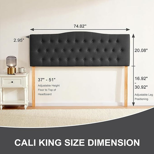 Tufted Upholstered Headboard California King, Sturdy and Durable Solid Wood Bed headboard, Fabric Headboard Adjustable Height from 37” to 51”, Button Diamond Design Head Board, Black