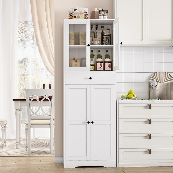 Tall Bathroom Storage Cabinet with Glass Doors, 67" Tall Freestanding Linen Cabinet with Adjustable Shelves, Floor Standing Organizer for Bathroom, Living Room, Kitchen, (White)