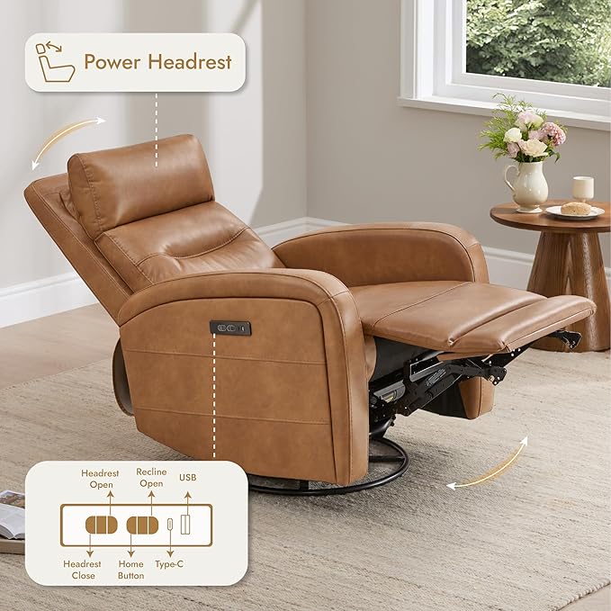 Watson & Whitely Swivel Recliner with Power Headrest, Recliner Chairs for Adults, Small Glider Rocker for Living Room, Faux Leather in Camel