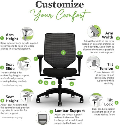 HON Solve Task Chair, Ergonomic Office Chair Mesh Back Support, Adjustable Lumbar Support, with Wheels, Height-Adjustable Arms, for Computers, Desks, Home Office, Blue