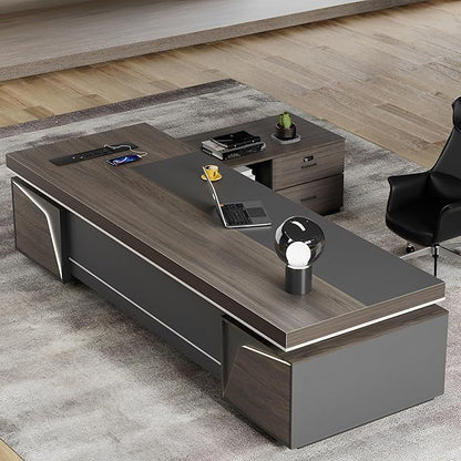 Modern Large Desk, Modern L-shaped Desk With Side Cabinets, Executive Desk With Combination Lock Drawer, Business Furniture Desk With Simple Cable Management (chair Not Included)(63x29.5x110inch)