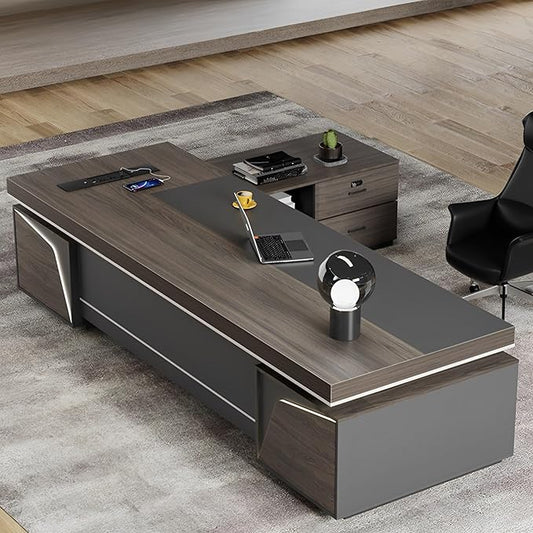 Modern Large Desk, Modern L-shaped Desk With Side Cabinets, Executive Desk With Combination Lock Drawer, Business Furniture Desk With Simple Cable Management (chair Not Included)(63x29.5x110inch)