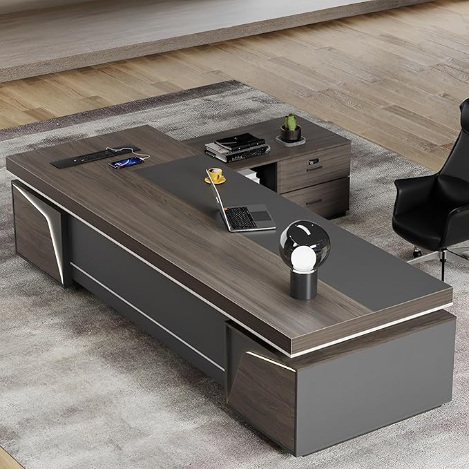 Modern Large Desk, Modern L-shaped Desk With Side Cabinets, Executive Desk With Combination Lock Drawer, Business Furniture Desk With Simple Cable Management (chair Not Included)(63x29.5x86.6inch)