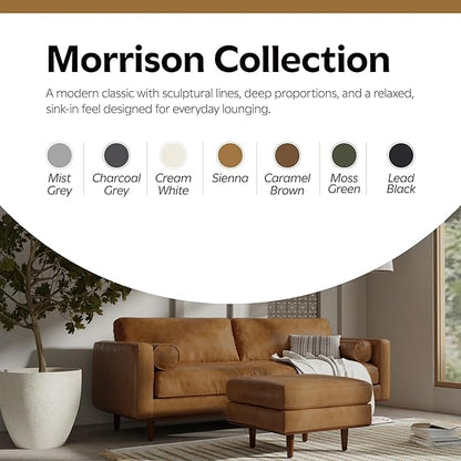 SIMPLIHOME Morrison 89-inch Wide Sofa in Sienna Top Grain Genuine Leather, Mid-Century Modern Design Couch for Living Room, Single Bench Cushion, 2 Back Cushions, 2 Bolster Pillows