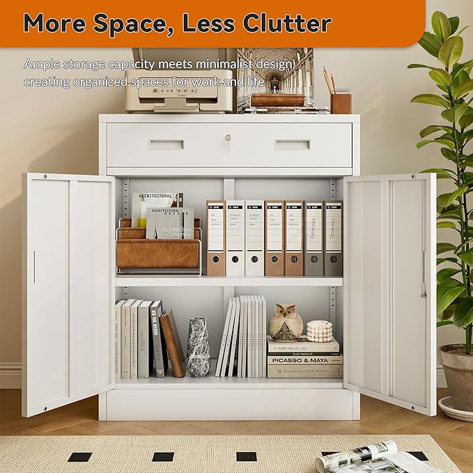 BESFUR 36" H Metal Cabinet with Lockable Drawer and 2 Lockable Doors, White Locking Cabinet with Adjustable Shelf, Lockable Storage Cabinet for Home Office, Garage,School, Warehouse, Utility Room