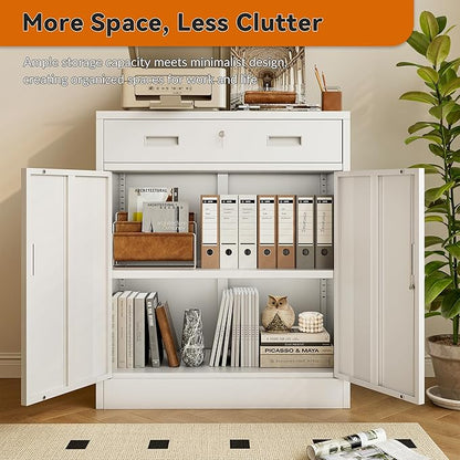 BESFUR 36" H Metal Cabinet with Lockable Drawer and 2 Lockable Doors, White Locking Cabinet with Adjustable Shelf, Lockable Storage Cabinet for Home Office, Garage,School, Warehouse, Utility Room