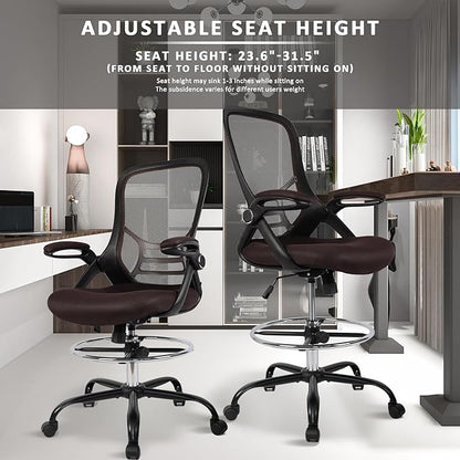 HYLONE Drafting Chair, Tall Office Chair Standing Desk Chair Brown Mesh High-Back Drafting Stool with Flip-Up Arms, Adjustable Foot Ring, Brown