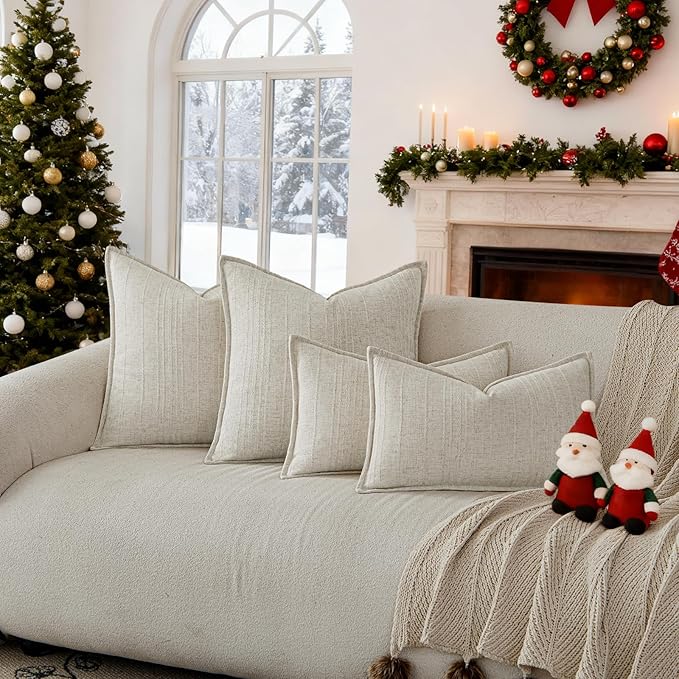 a moment Linen Pillow Covers Set of 2,Boho Farmhouse Throw Pillowcases Neutral Textured Decorative Covers for Couch Sofa, Soft Linen Blend Accent Case Cushion Christmas Home Decor 22"x22"Ivory