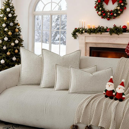 a moment Linen Pillow Covers Set of 2,Boho Farmhouse Throw Pillowcases Neutral Textured Decorative Covers for Couch Sofa, Soft Linen Blend Accent Case Cushion Christmas Home Decor 22"x22"Ivory