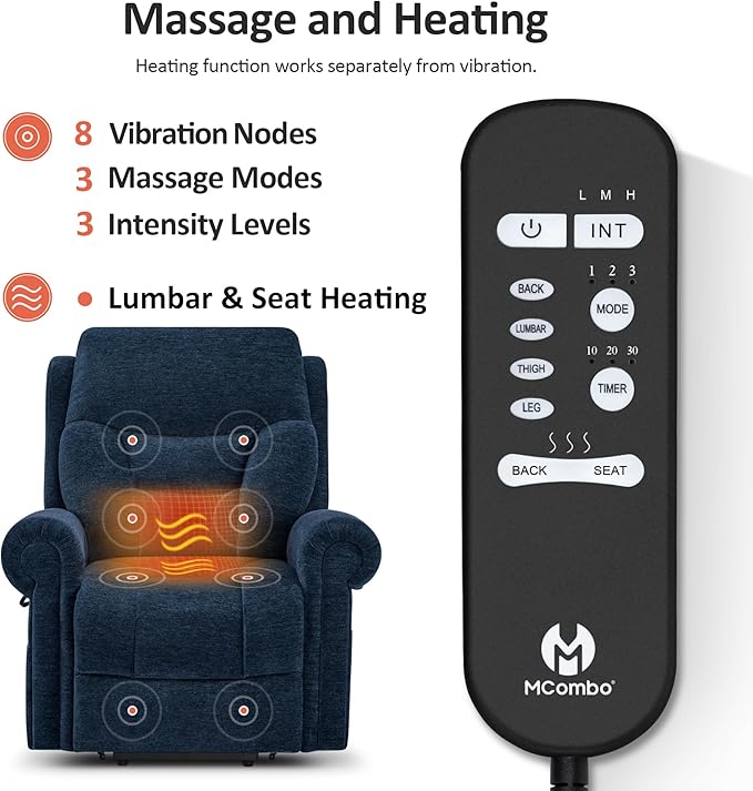 MCombo Triple Motor Power Lift Recliner Chair with Massage and Lumbar&seat Heating, Rolled Arms, Adjustable Headrest for Elderly People, Fabric 7888 (Navy Blue, Medium)
