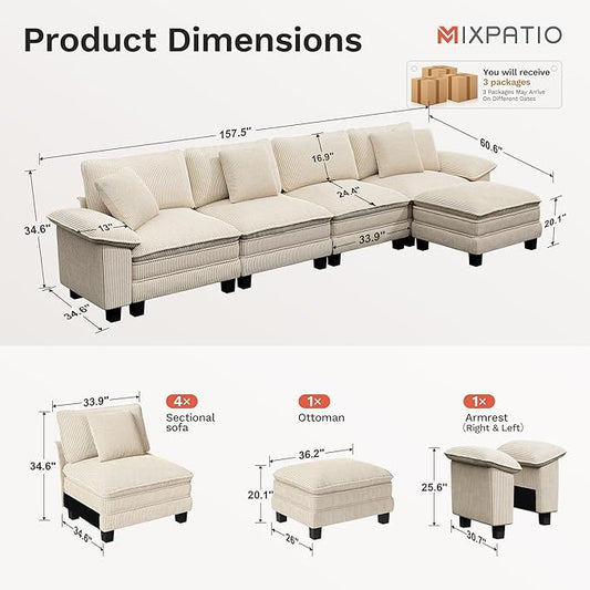 157-Inch L Shaped Sectional Sofa with Cloud Cushions, Deep Seat Modular Couch Set w/ 5 Seats & 1 Ottomans, Removable Arms, Plush Corduroy Upholstery for Living Room, Apartment - Beige
