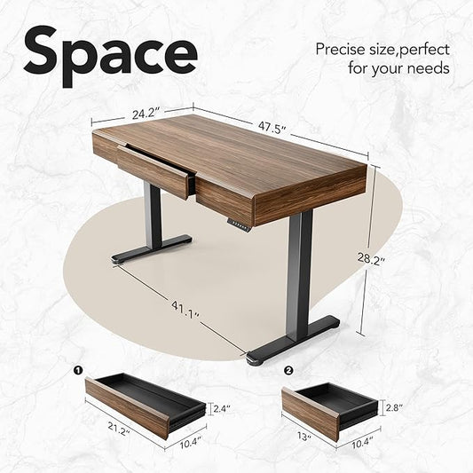 HUANUO Electric Standing Desk with 3 Drawers, 48 Inches Height Adjustable Stand Up Desk, Whole-Piece Board Computer Workstation with 4 Memory Height Settings, Black Walnut