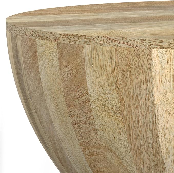 SIMPLIHOME Elmbrook Coffee Table - 34 inch Wide Solid Mango Wood Modern Industrial Round Drum Cocktail Table in Natural, Sculptural Living Room Table with Low Profile Design, Assembled