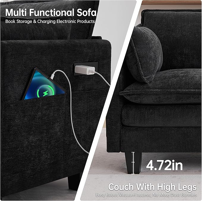 108" Modular Sectional Couches for Living Room with Ottoman, L Shaped Cloud Couch with Charger, USB & Type-c Port, Comfy Sofas with Deep Seat, Chenille Fabric, Black