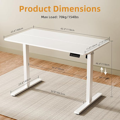 ERGOMAKER Electric Standing Desk, 43.3" x 23.6" Height Adjustable Sit Stand Desk with Splice Board for Home Office, Computer Desk Memory Preset (White Frame, White Desktop)