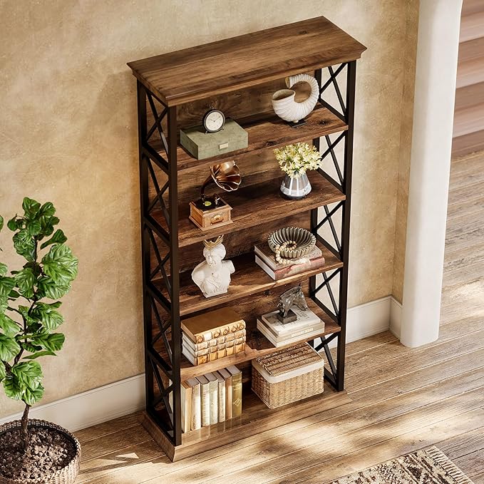 Tribesigns 71-Inch Tall Bookcase, 5-Tier Industrial Metal Bookshelf, Large Etagere Bookcases and Bookshelves, Freestanding Display Shelves for Living Room, Bedroom, Rustic Brown and Black (Set of 2)