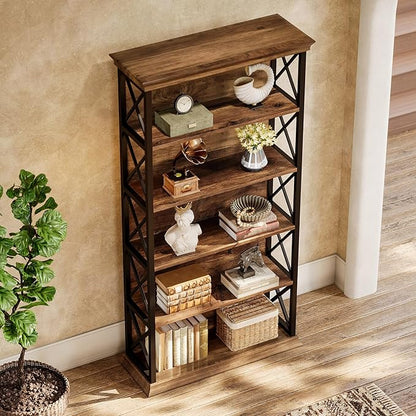 Tribesigns 71-Inch Tall Bookcase, 5-Tier Industrial Metal Bookshelf, Large Etagere Bookcases and Bookshelves, Freestanding Display Shelves for Living Room, Bedroom, Rustic Brown and Black (Set of 2)