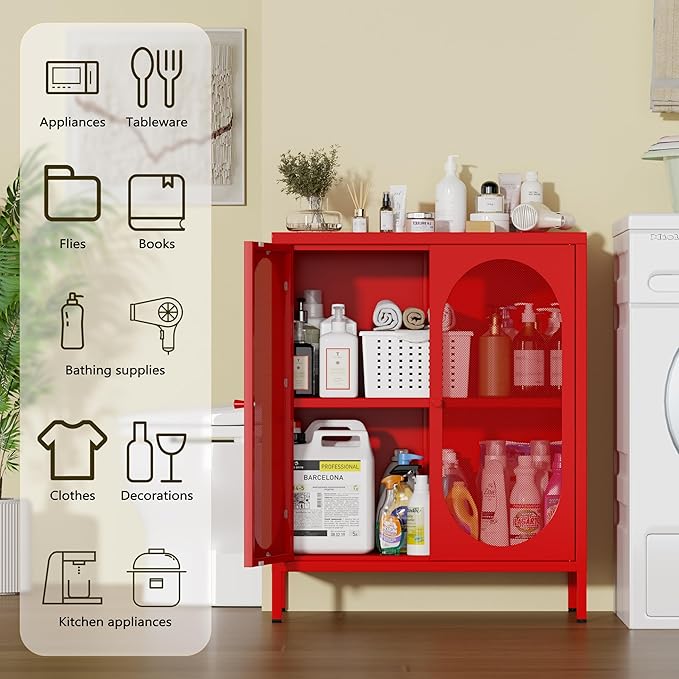 Metal Storage Cabinets with Doors and Shelf, Small Closet with High Feet, Display Cabinets with 2 Mesh Doors, Red Dresser for Home, Office, Living Room,Dining Room,Sideboard, Hallway and Entryway