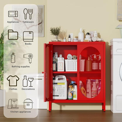 Metal Storage Cabinets with Doors and Shelf, Small Closet with High Feet, Display Cabinets with 2 Mesh Doors, Red Dresser for Home, Office, Living Room,Dining Room,Sideboard, Hallway and Entryway
