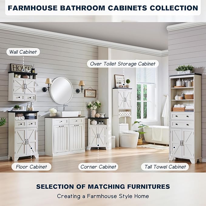 ACCOHOHO Bathroom Floor Cabinet, Farmhouse Storage Cabinet, 24" Wide Cabinet with Drawer, Adjustable Shelf, Barn Doors, Cabinets for Bathroom, Kitchen, Living Room, Off White