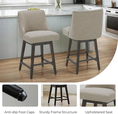 CHITA Counter Height Swivel Bar Stools, FSC Certified Upholstered Counter Stools, Modern Swivel Barstools with Wood Legs for Kitchen Island, 26" Seat Height, Fabric in Tan